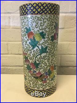 Vtg Chinese Large / Tall Brush Washer or Cylinder Vase with Butterflies & Flowers