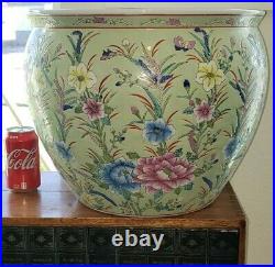 Vtg Large 28 lb Asian Chinese Floral Koi Fish Bowl Vase Planter Jardiniere